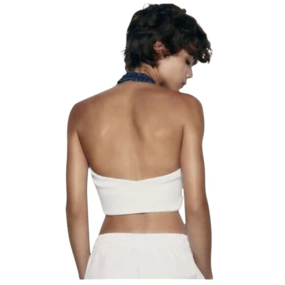 Zara Dark Wash Denim Cropped Mixed Media Halter Corset Top Hook Eye Closure Lrg - Picture 3 of 16